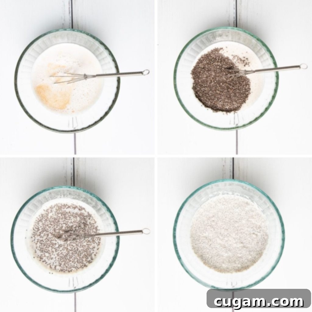 Step-by-step image demonstrating how to make chia pudding: stirring liquids, adding seeds, and mixing.