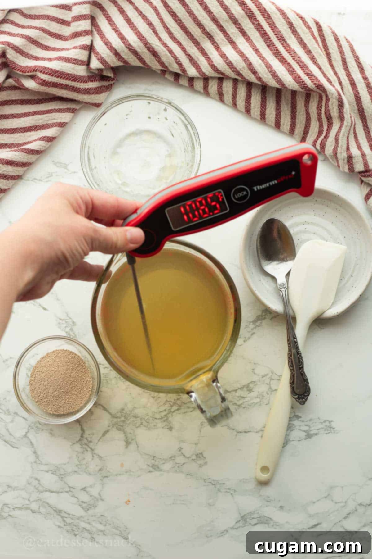 A kitchen thermometer accurately checking the temperature of warm water in a glass measuring cup, with honey and active dry yeast ready nearby.