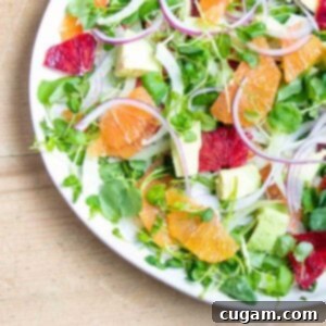 Slices of oranges, avocados, onion and watercress, artfully arranged.