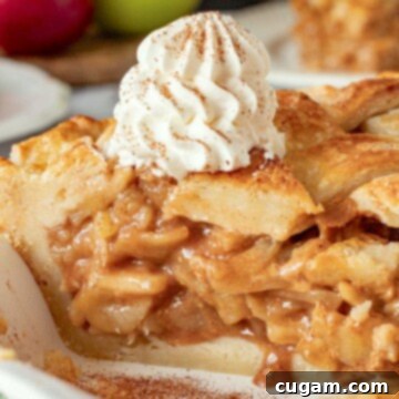 Baked caramel apple pie slice with whipped cream on top, perfectly plated.