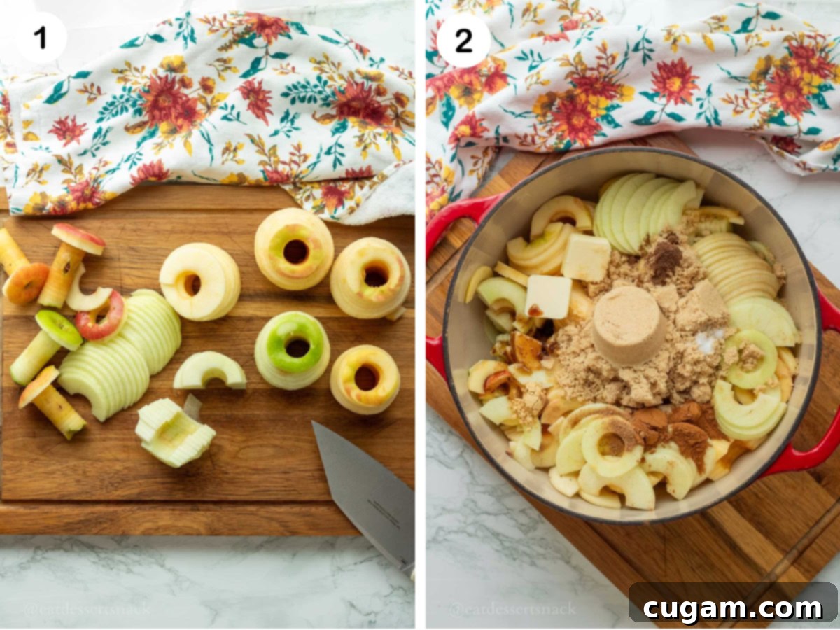 Peeled and sliced apples on cutting board and red pot with apple pie filling ingredients raw.