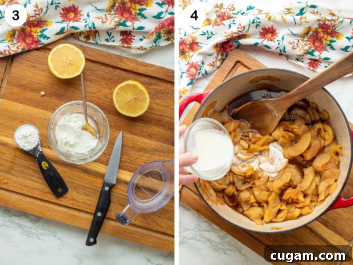 Lemons, cornstarch, and water on cutting board and red pot with cooked apples and wooden spoon.