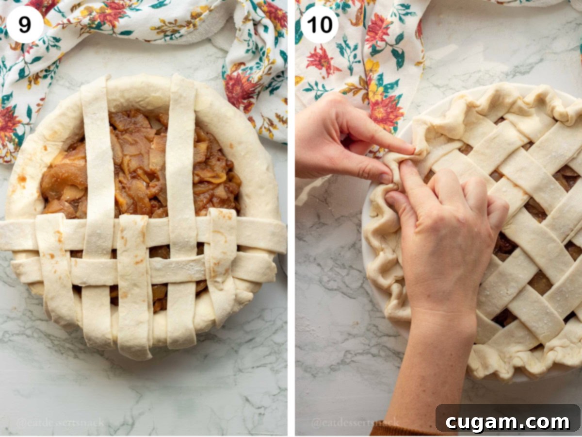 Raw lattice pie crust on apple pie and fingers crimping raw pie crust.