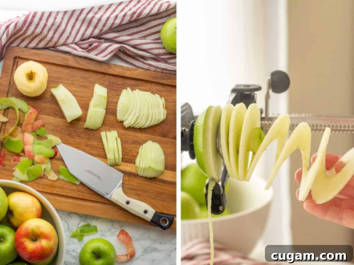 Peeling and slicing apples by hand and with a machine.