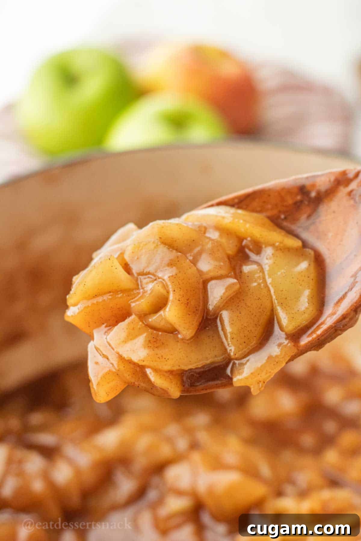 Cooked apple pie filling in wooden spoon above pot.