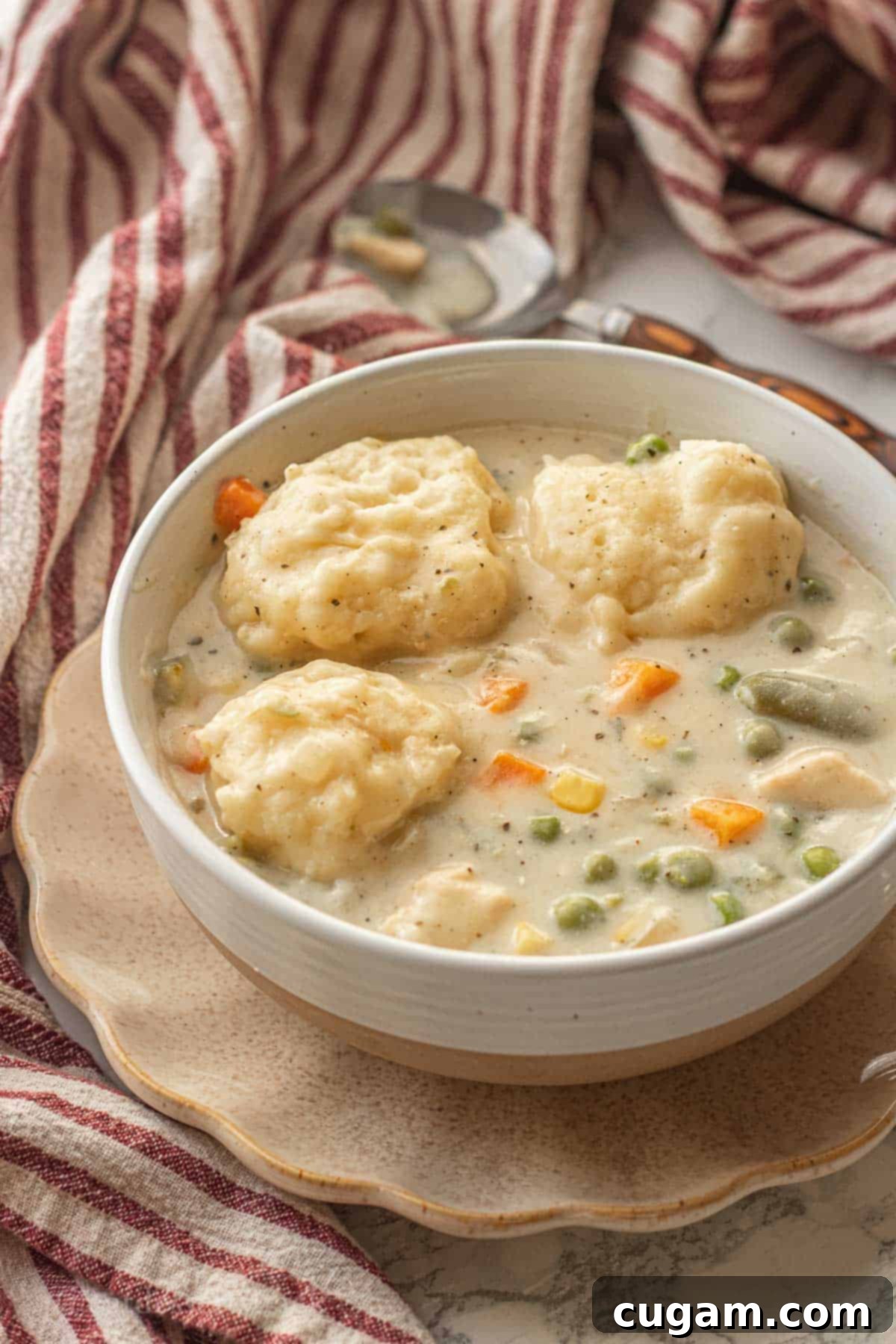 A cozy bowl of creamy chicken and dumpling soup, perfect for fall and winter