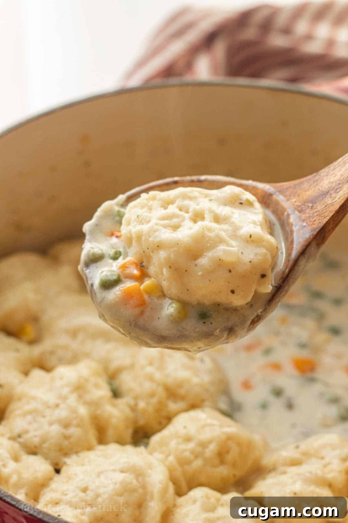 A spoonful of rich, creamy chicken and dumpling soup, showing tender chicken, vegetables, and a fluffy dumpling.