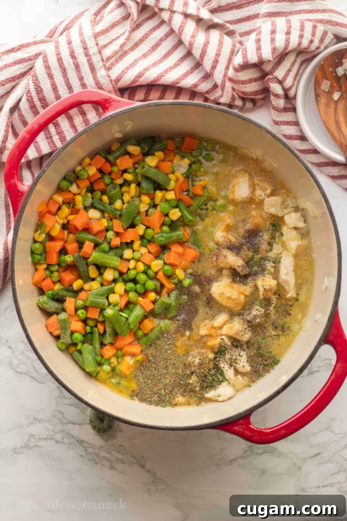 Frozen mixed vegetables, various spices, and cooked chicken with broth simmering in a red pot.