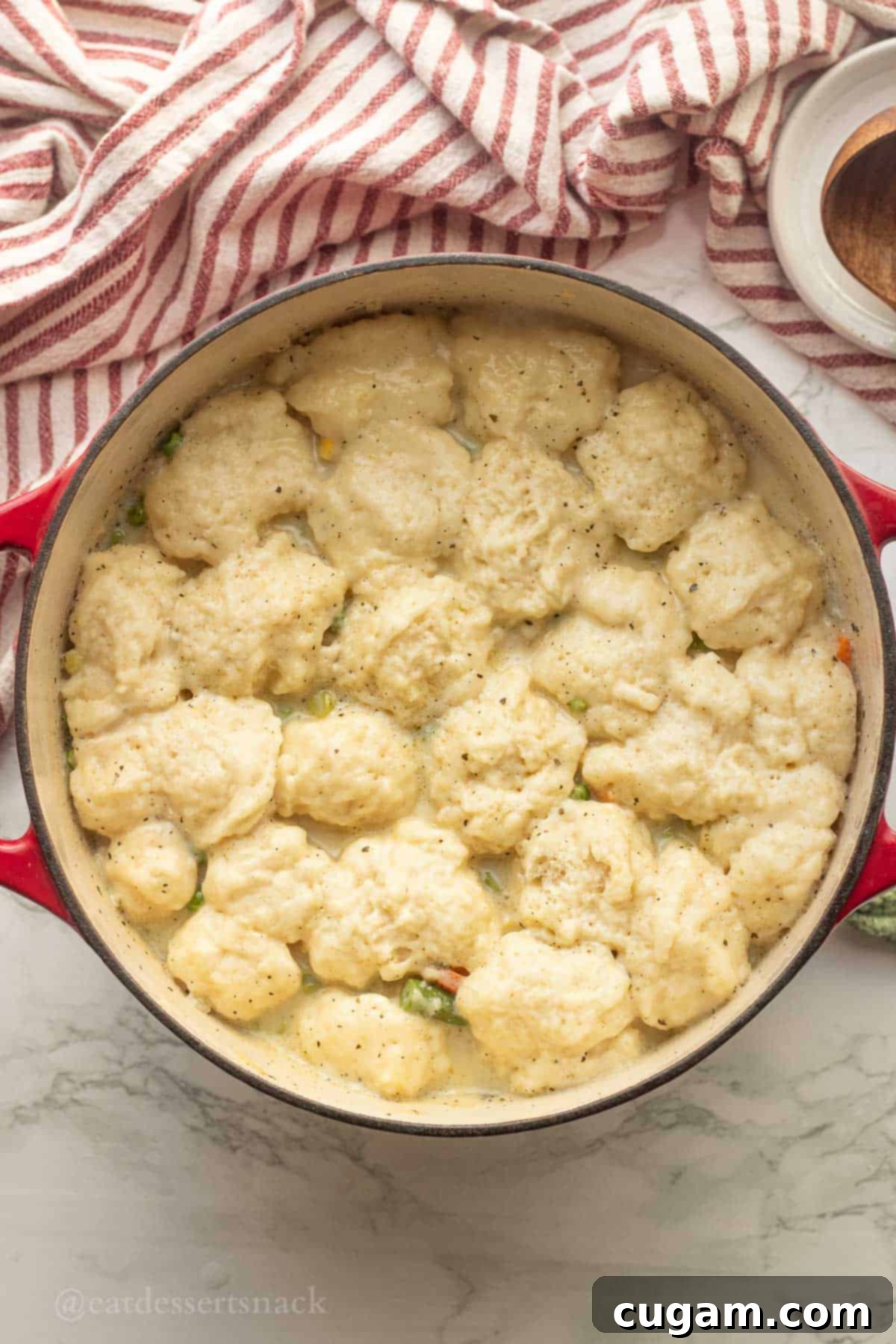 Beautifully cooked, fluffy dumplings resting on top of creamy chicken and vegetable soup in a red pot.
