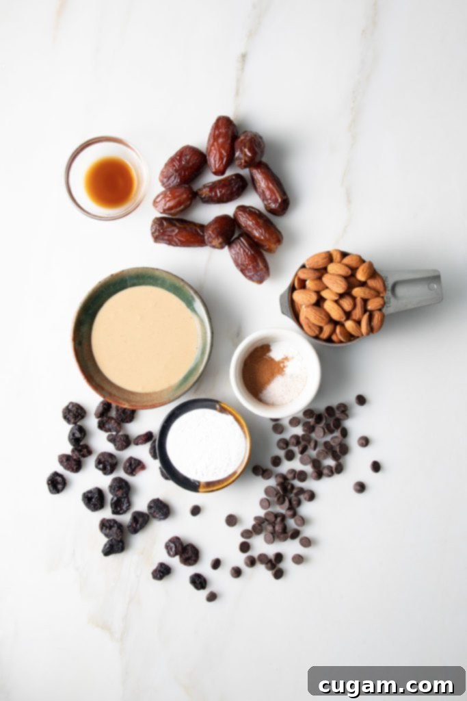 Wholesome ingredients for vegan gluten-free biscotti beautifully arranged: tahini, Medjool dates, raw almonds, arrowroot powder, cinnamon, baking powder, vanilla extract, dark chocolate chips, and dried cherries.