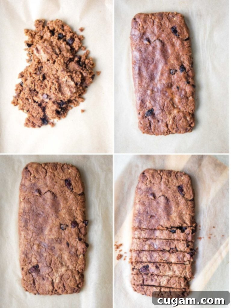 Steps to the first bake of biscotti:  mound, form into a loaf, bake and slice. 