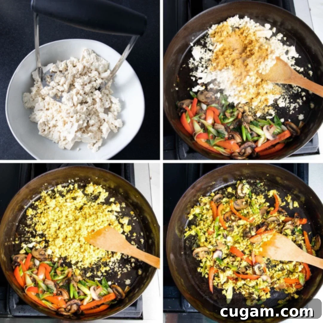Breaking up tofu with a potato masher and then adding it along with spices to cooked veggies in a heavy skillet. 