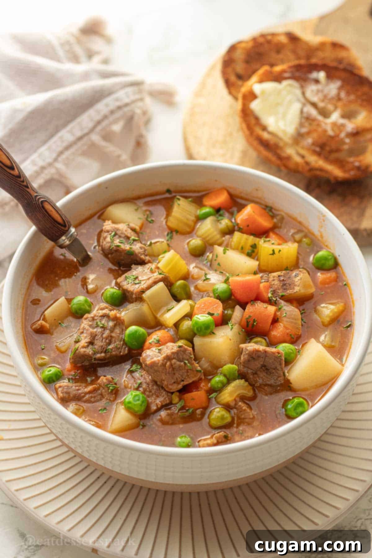 White bowl of cooked beef stew with toasted bread on white plate.