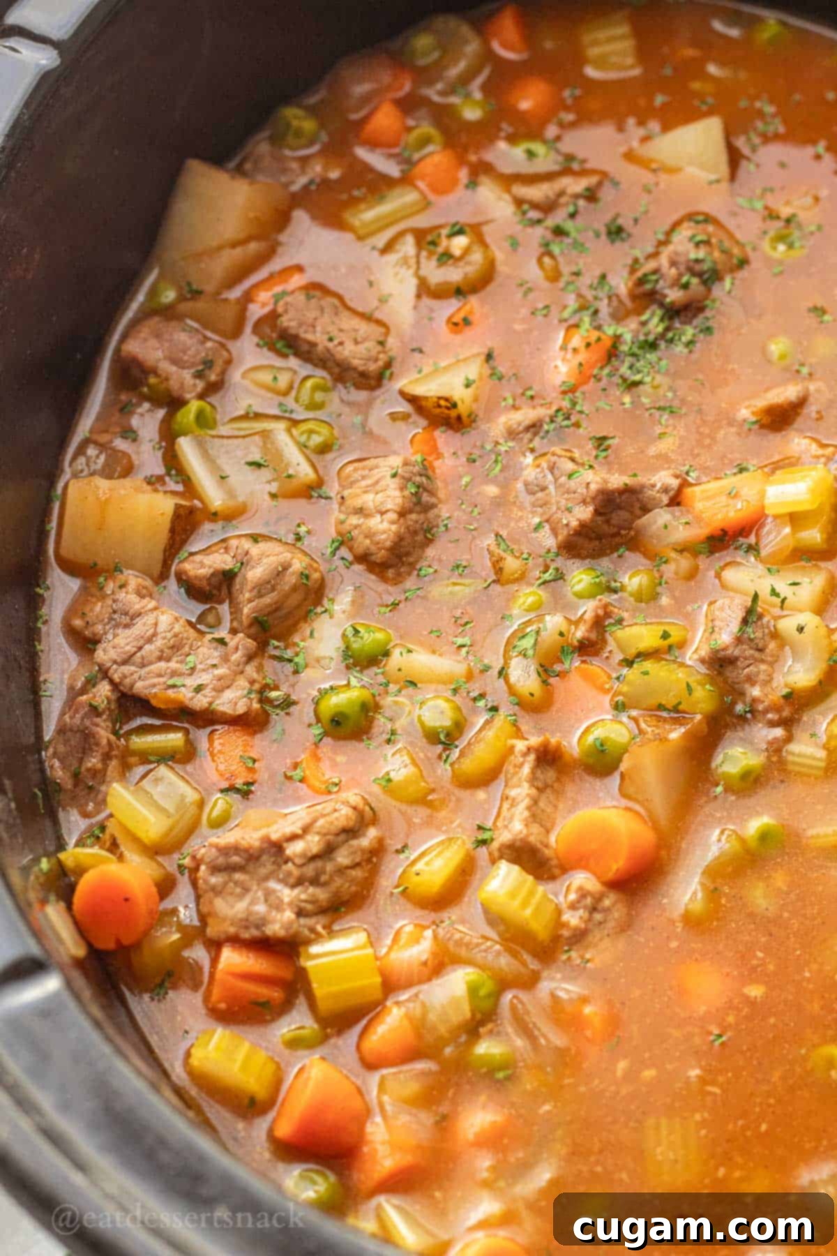 Cooked slow cooker beef stew in crock pot.