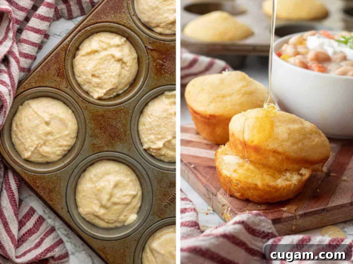 Raw cornbread muffin batter in muffin tin, and baked cornbread muffin with drizzling honey.