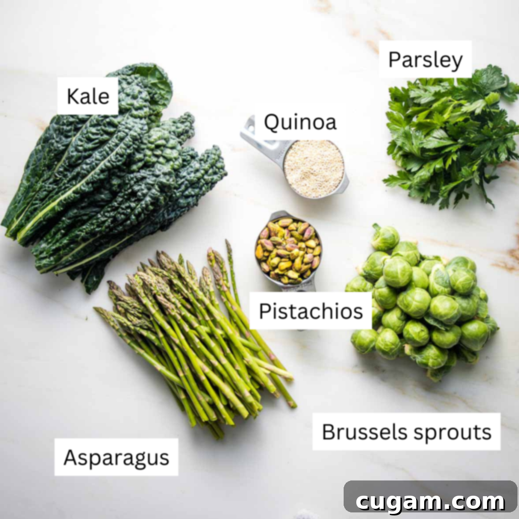 Labeled ingredients: kale, asparagus, brussel sprouts, parsley, pistachios, quinoa.