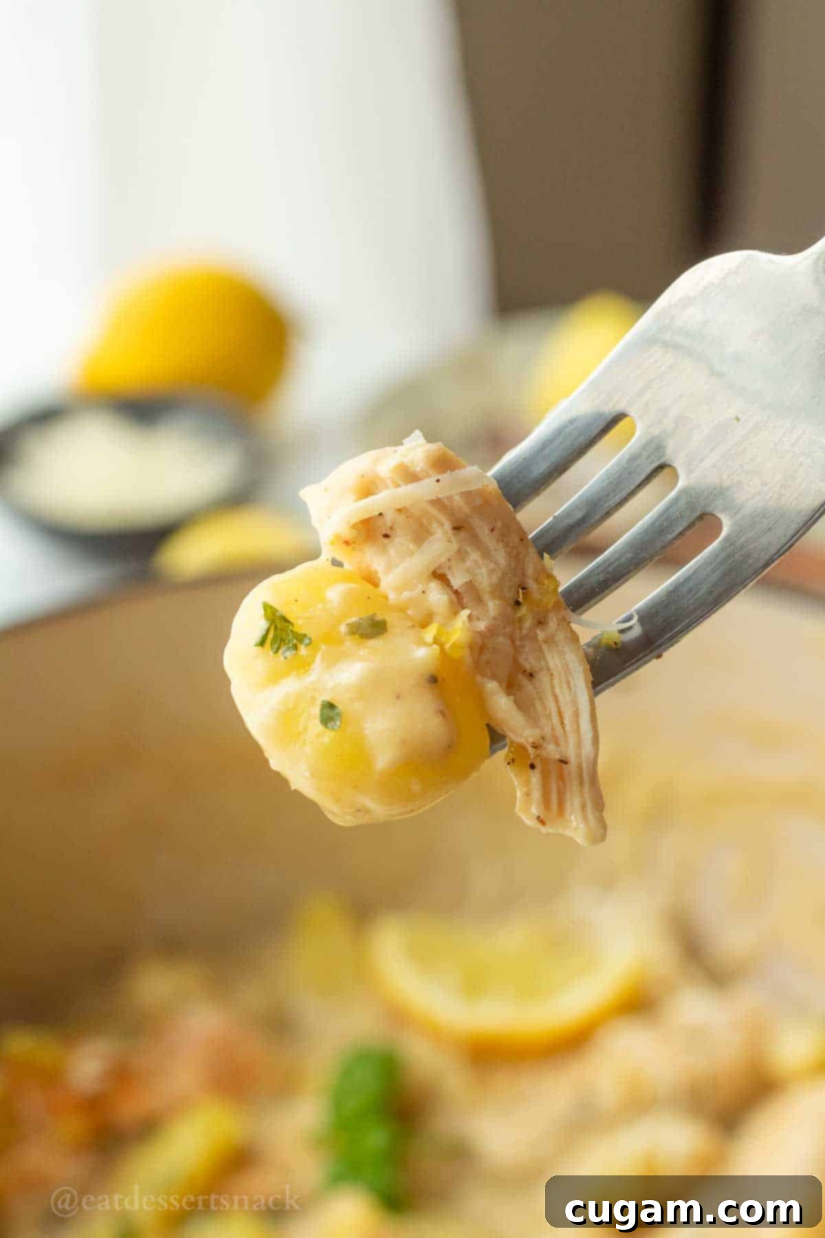 Fork with chicken and gnocchi in parmesan cream sauce.
