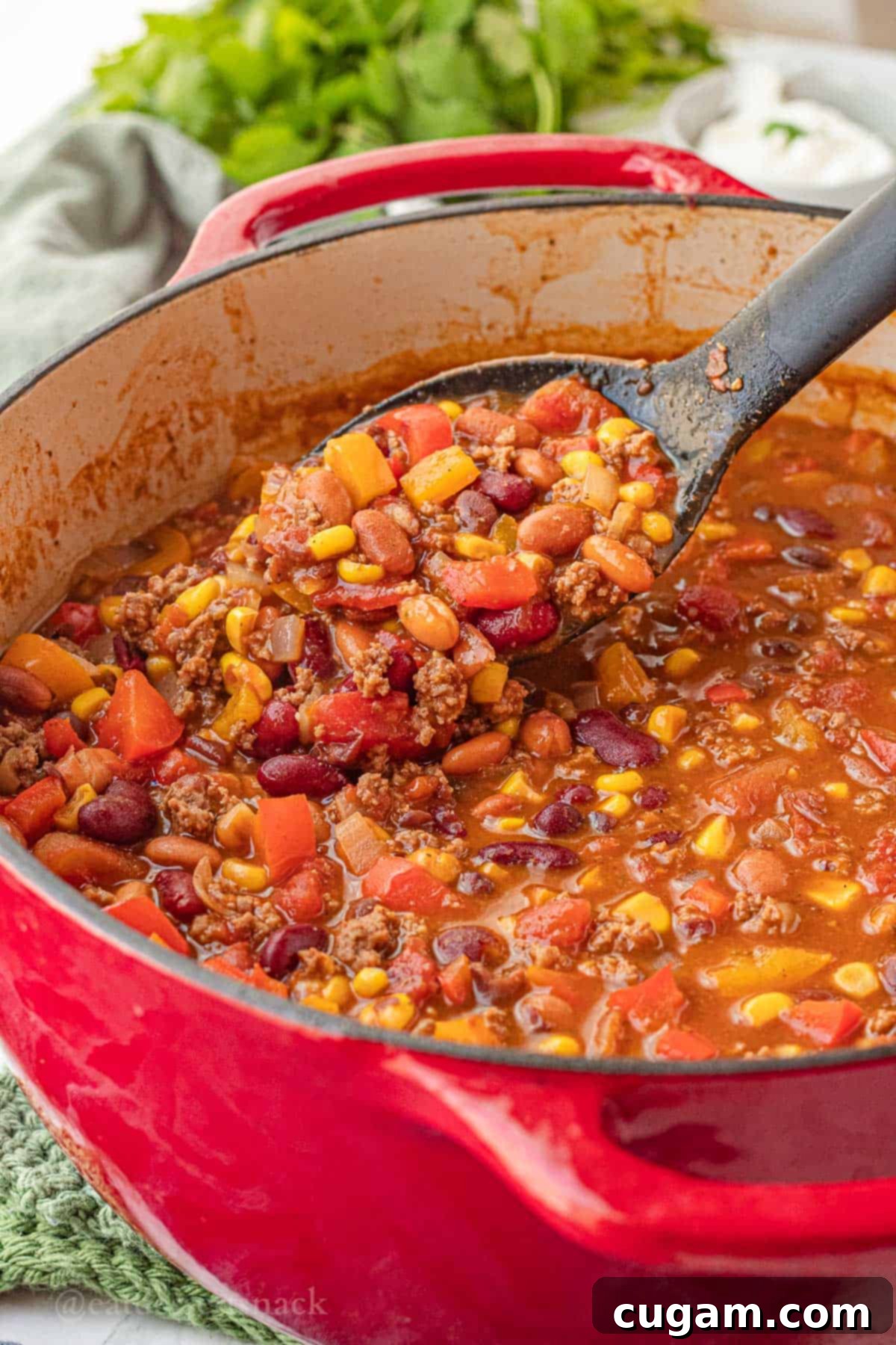 A black ladle holding a scoop of cooked taco soup, steam rising, positioned above a red pot, ready to be served.