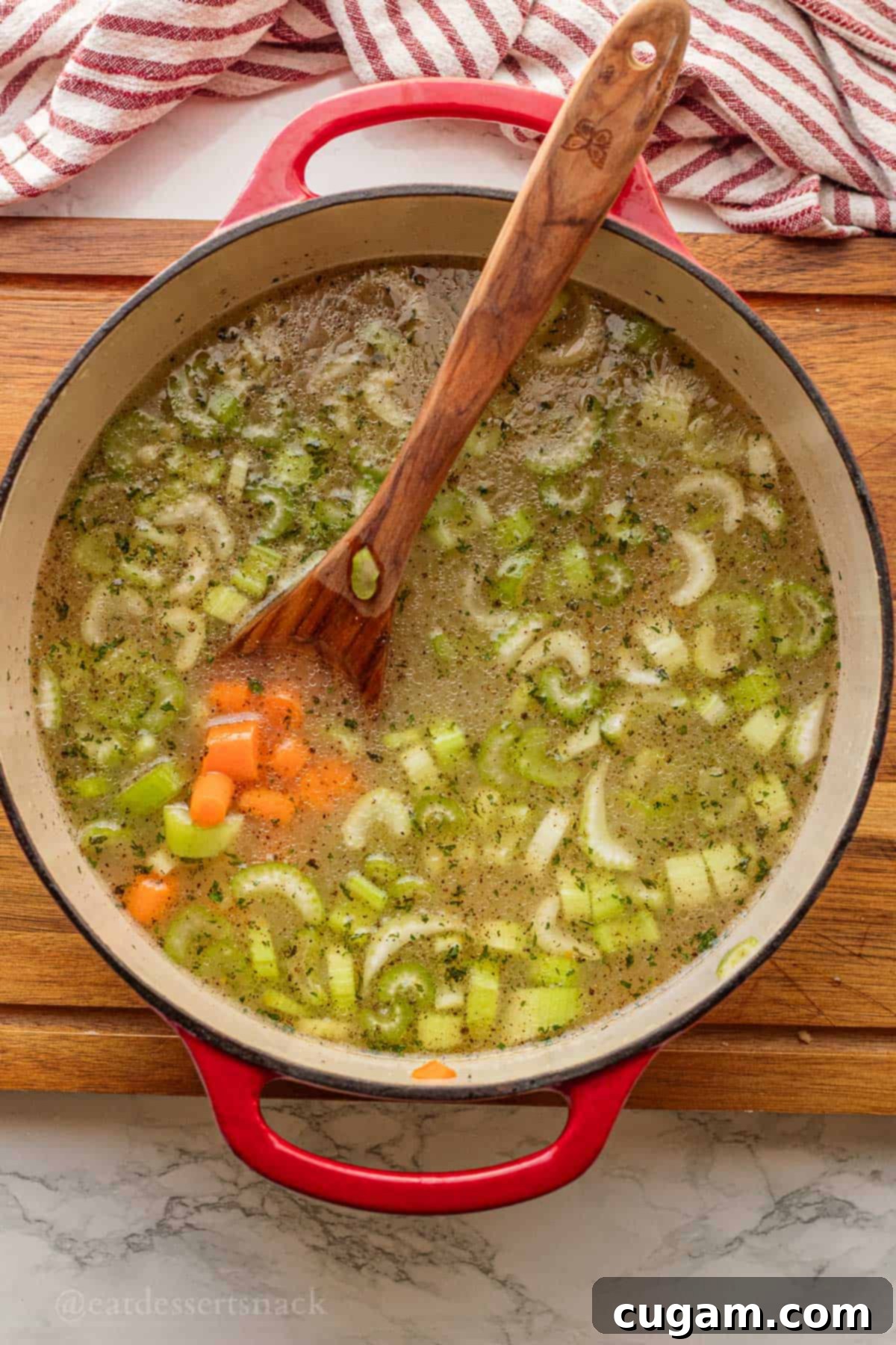 Nourishing Bone Broth Chicken Noodle Soup 7 Raw Celery and carrots and spices in chicken broth with wooden spoon.