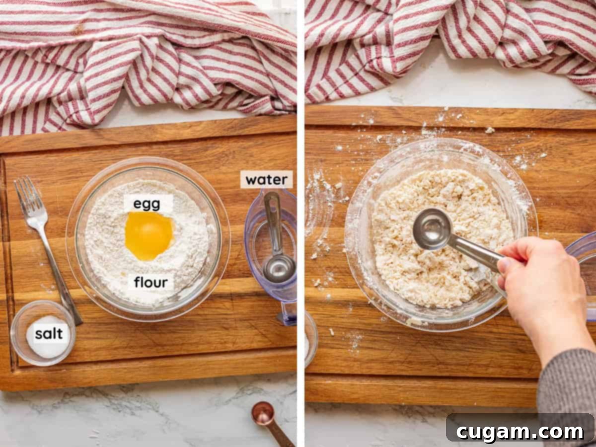 Nourishing Bone Broth Chicken Noodle Soup 8 Labeled ingredients for homemade egg noodles in glass bowls and Tablespoon of water above noodle mixture.