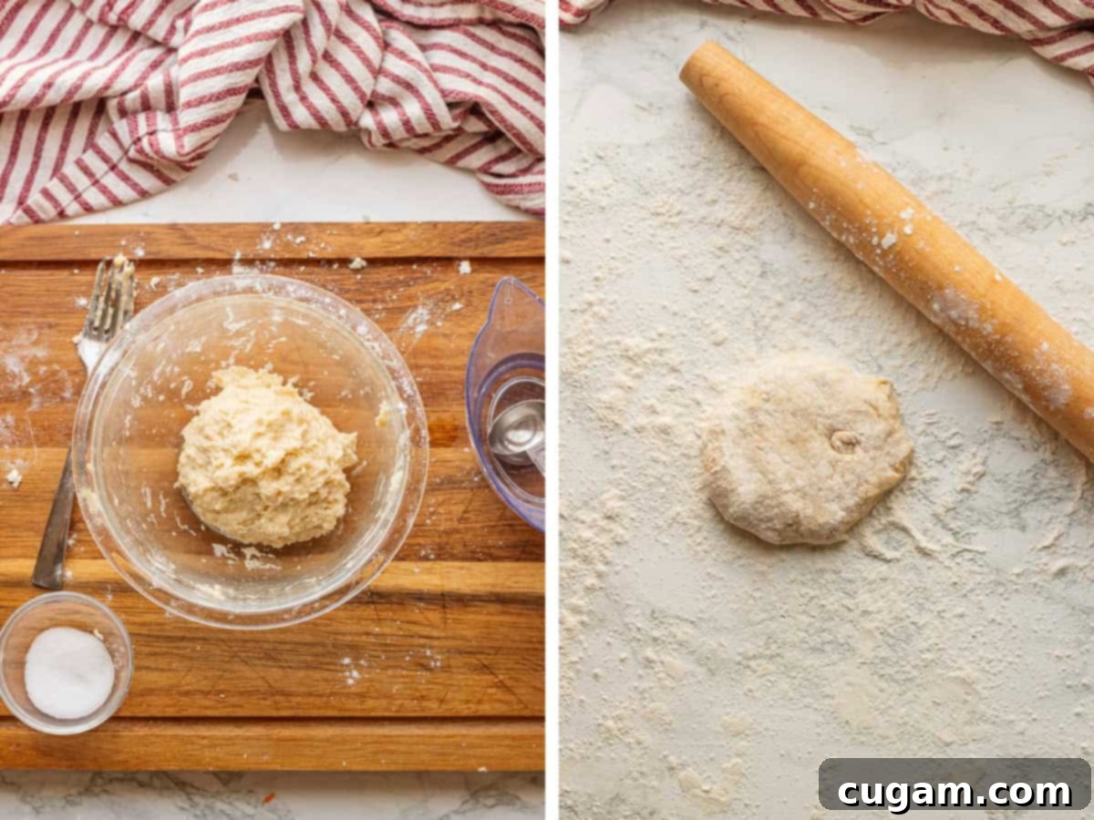 Nourishing Bone Broth Chicken Noodle Soup 9 Raw egg noodle dough in glass bowl and dough on floured work surface with wood rolling pin.