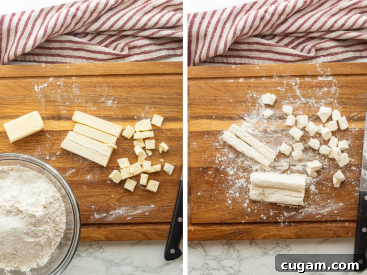 Cutting butter and cream cheese on cutting board.