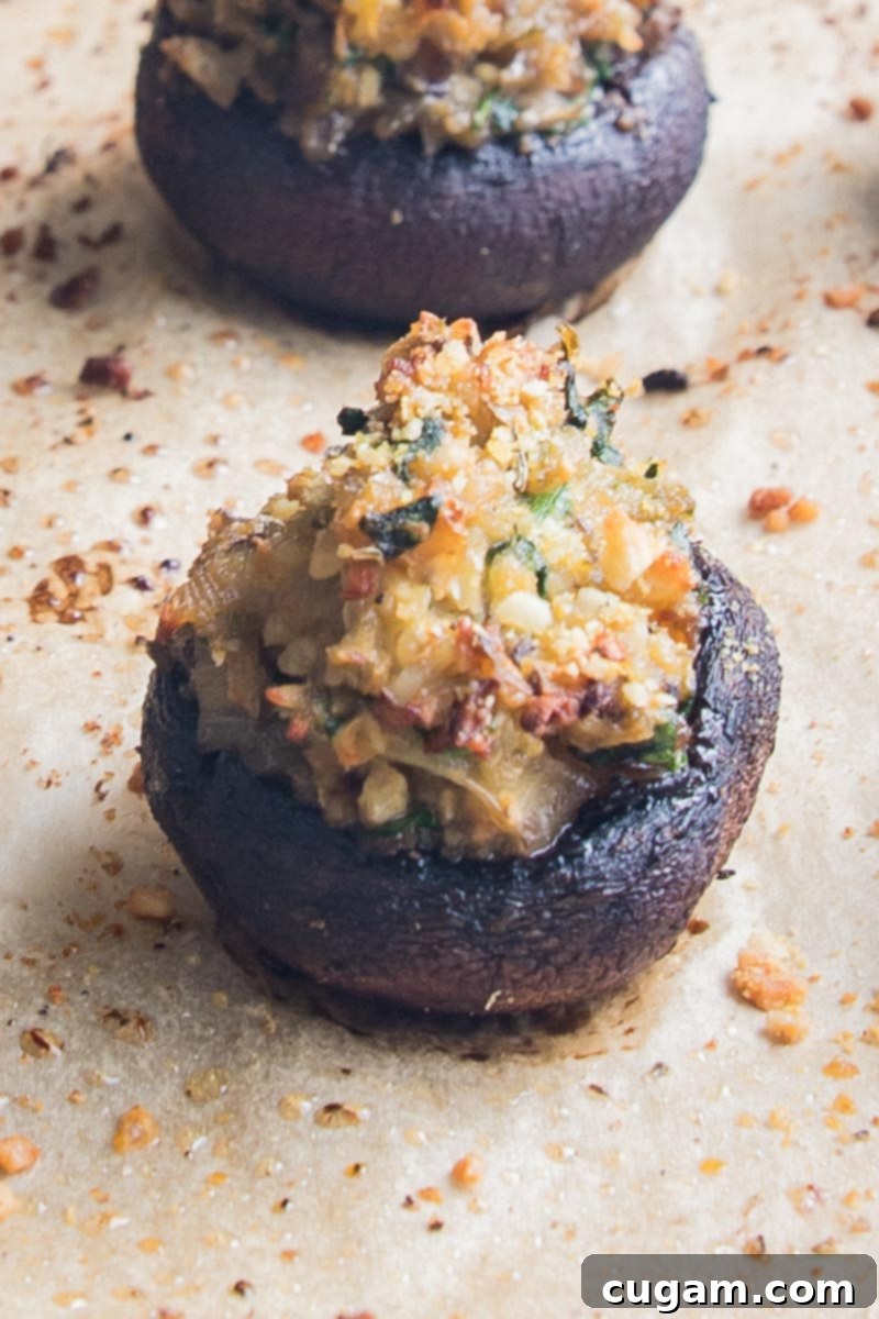 Close up of a stuffed mini portobello mushroom with crumbs on the side.