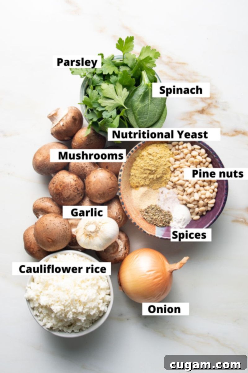 Labeled ingredients: mushrooms, parsley, spinach, nutritional yeast, pine nuts, garlic, cauliflower rice, onion and spices.