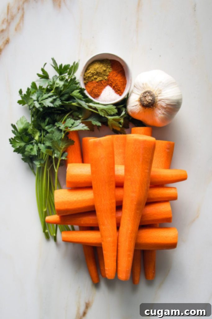 A stack of fresh carrots, a bowl of aromatic spices, a bunch of vibrant fresh parsley, and a head of garlic, prepared for cooking.
