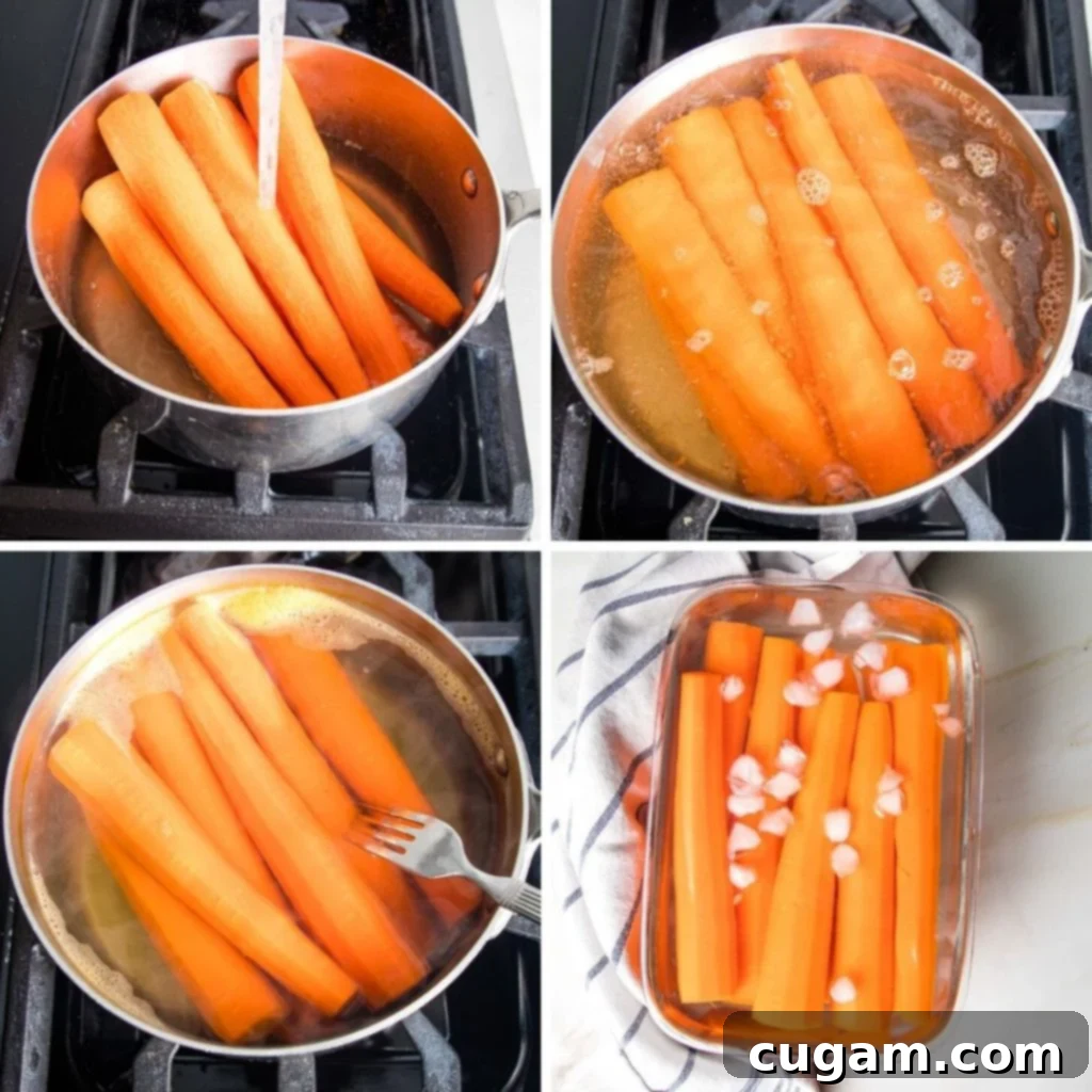 Step by Step boiling whole carrots in a pot on the stove.