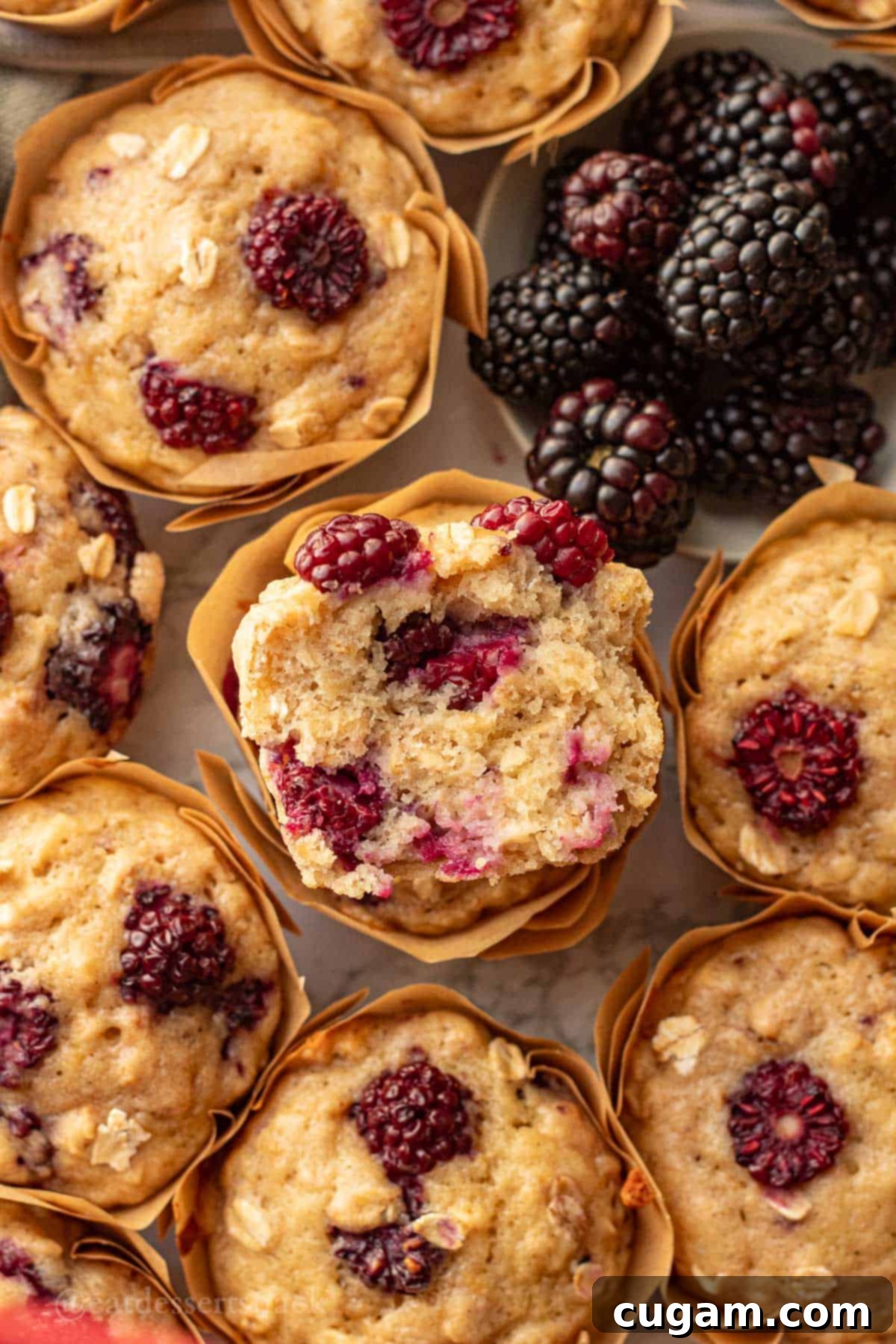 Half of a blackberry banana oatmeal muffin stacked on another baked muffin.
