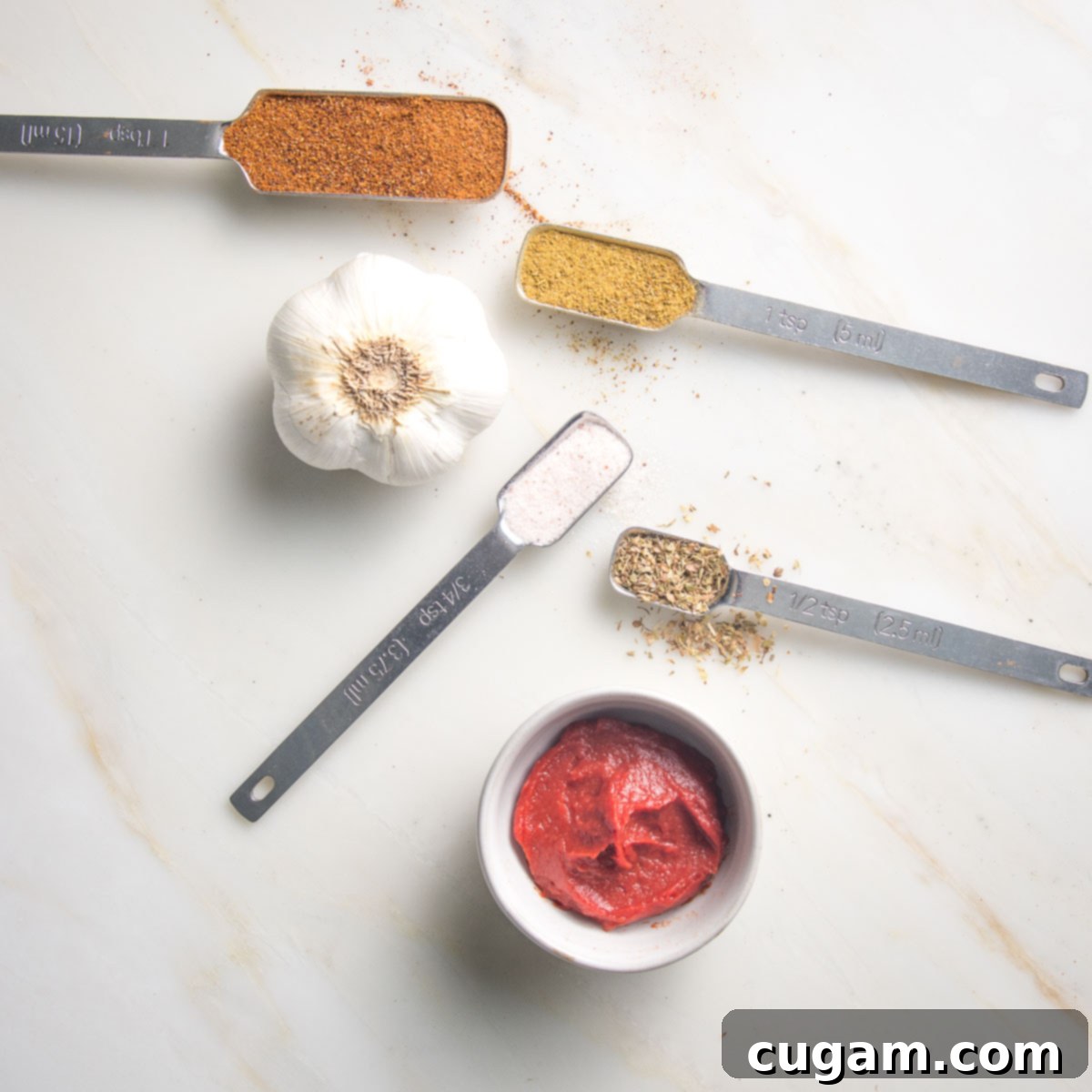 Chili powder, cumin, oregano, salt, garlic and tomato paste. 