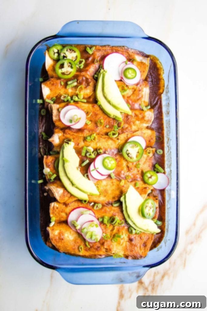 Enchilada Casserole: Baking Dish filled with tortillas that are stuffed with veggies and topped with enchilada sauce and colorful toppings.