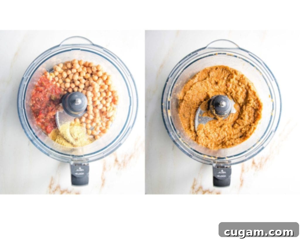 Salsa, beans, spices pureed in the food processor. 