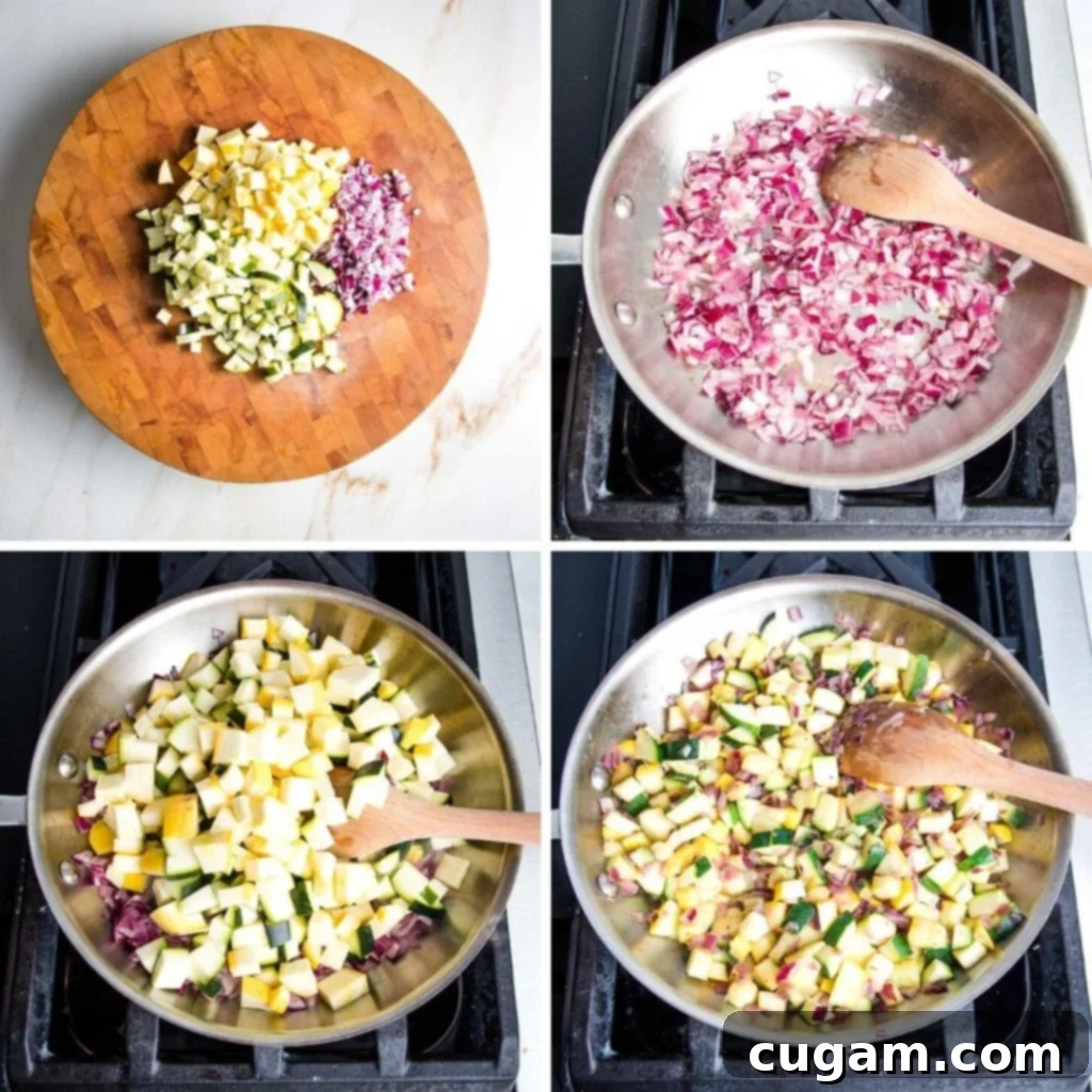 Onions, zucchini and squash saute for vegan enchilada casserole. 