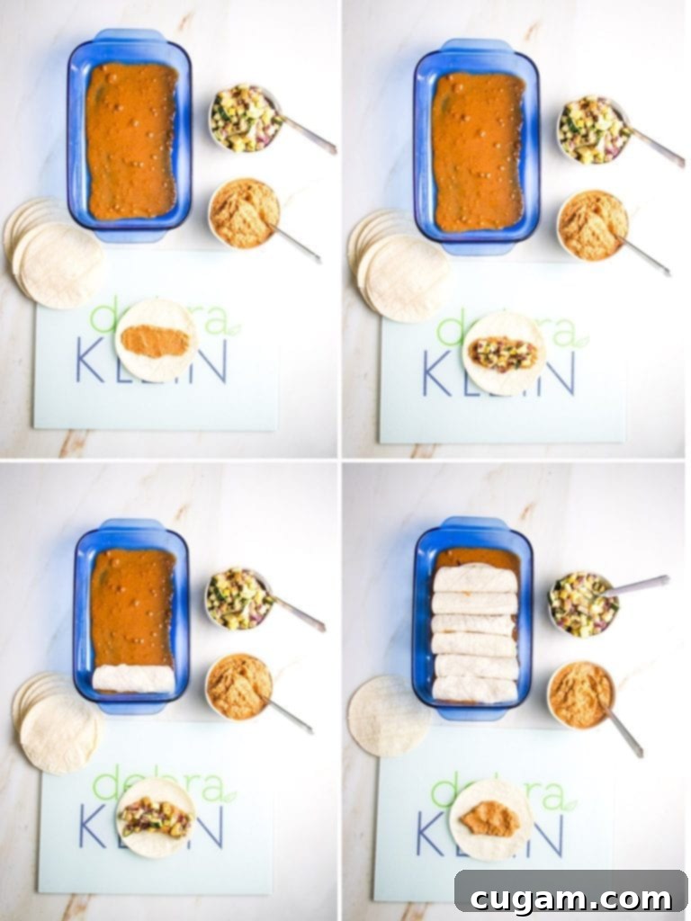 Step by step, building enchiladas. Sauce, spread, fill, roll, sauce. 