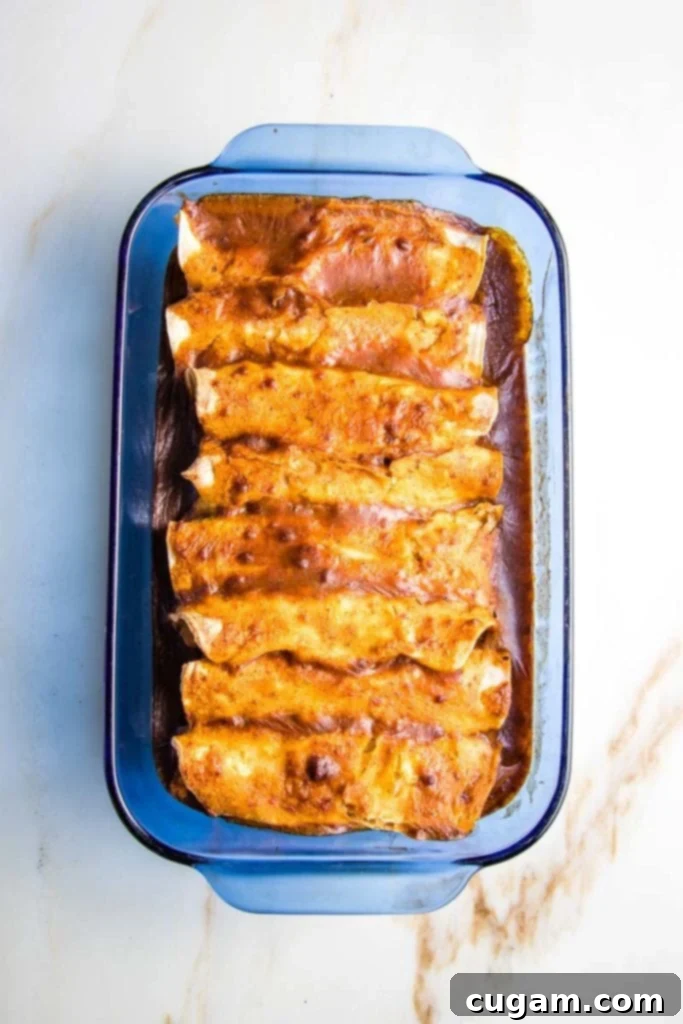 enchilada casserole with red sauce, baked in a casserole dish. 