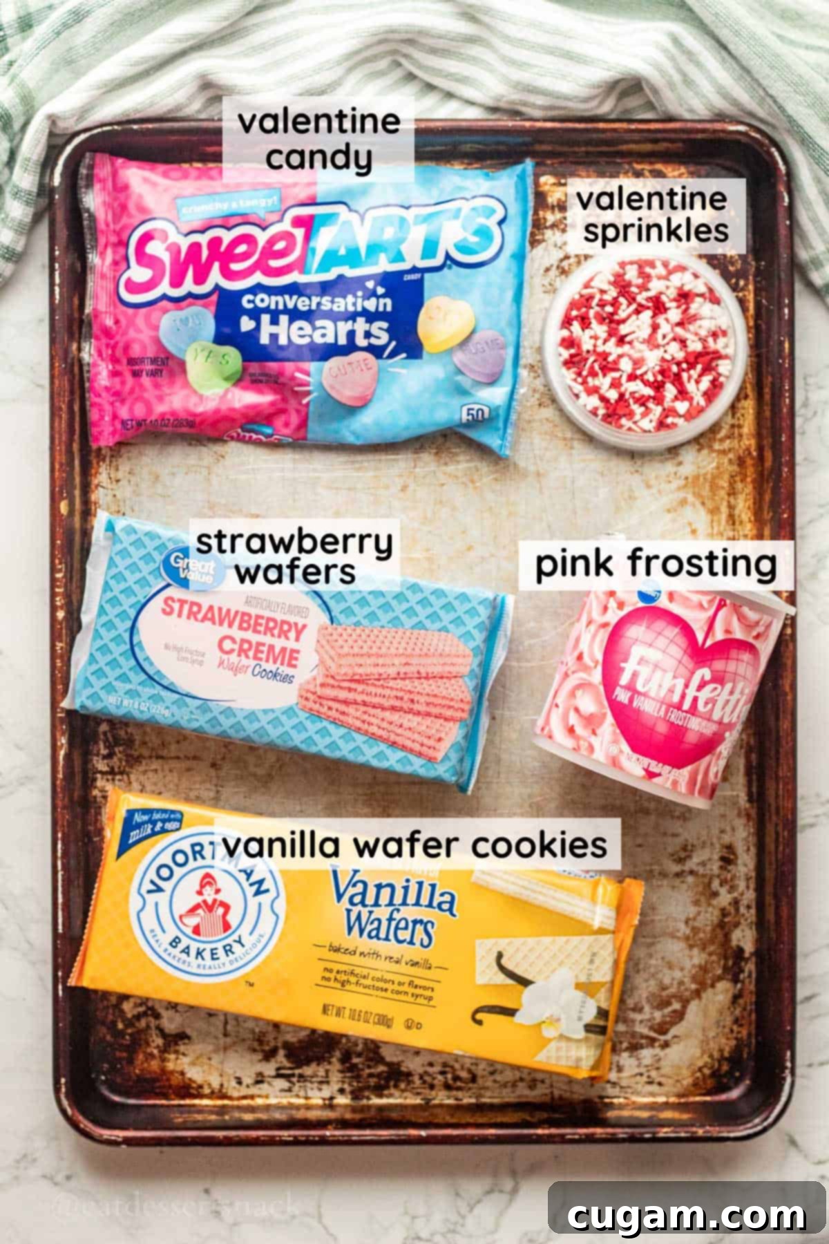 Labeled ingredients for Valentine Cookie Houses.