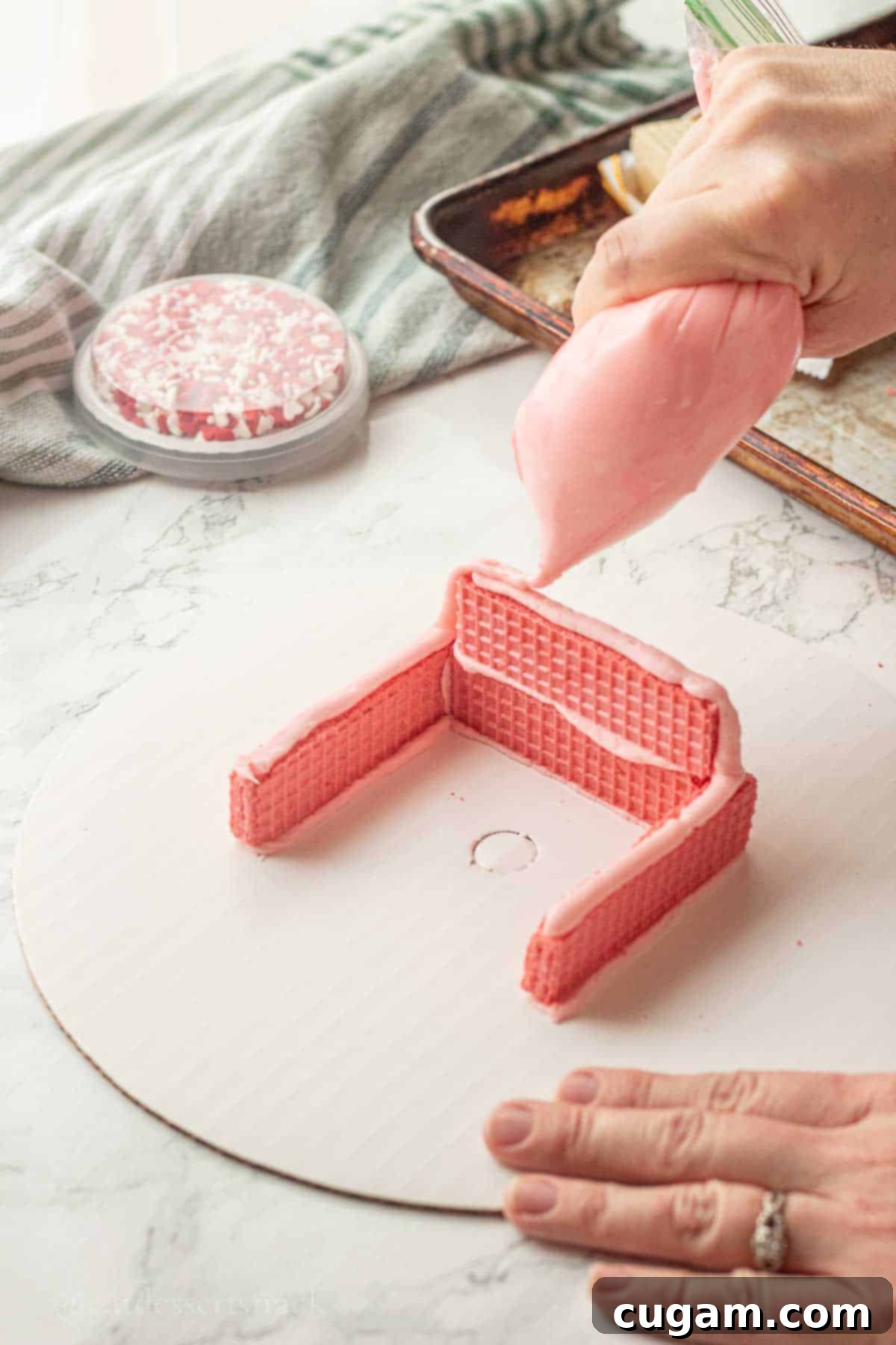 Piping pink frosting onto pink wafer cookie.
