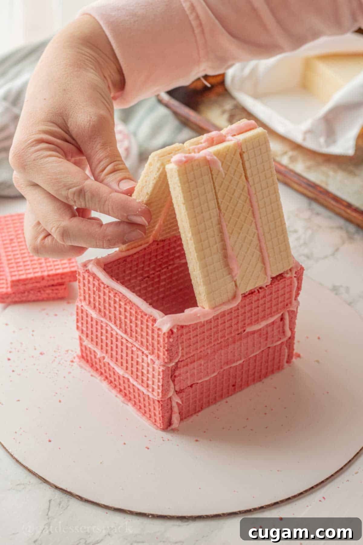 Hand placing vanilla wafer cookie on house.