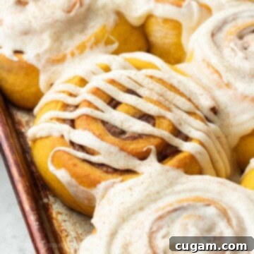 Baked frosted pumpkin cinnamon rolls in metal pan.