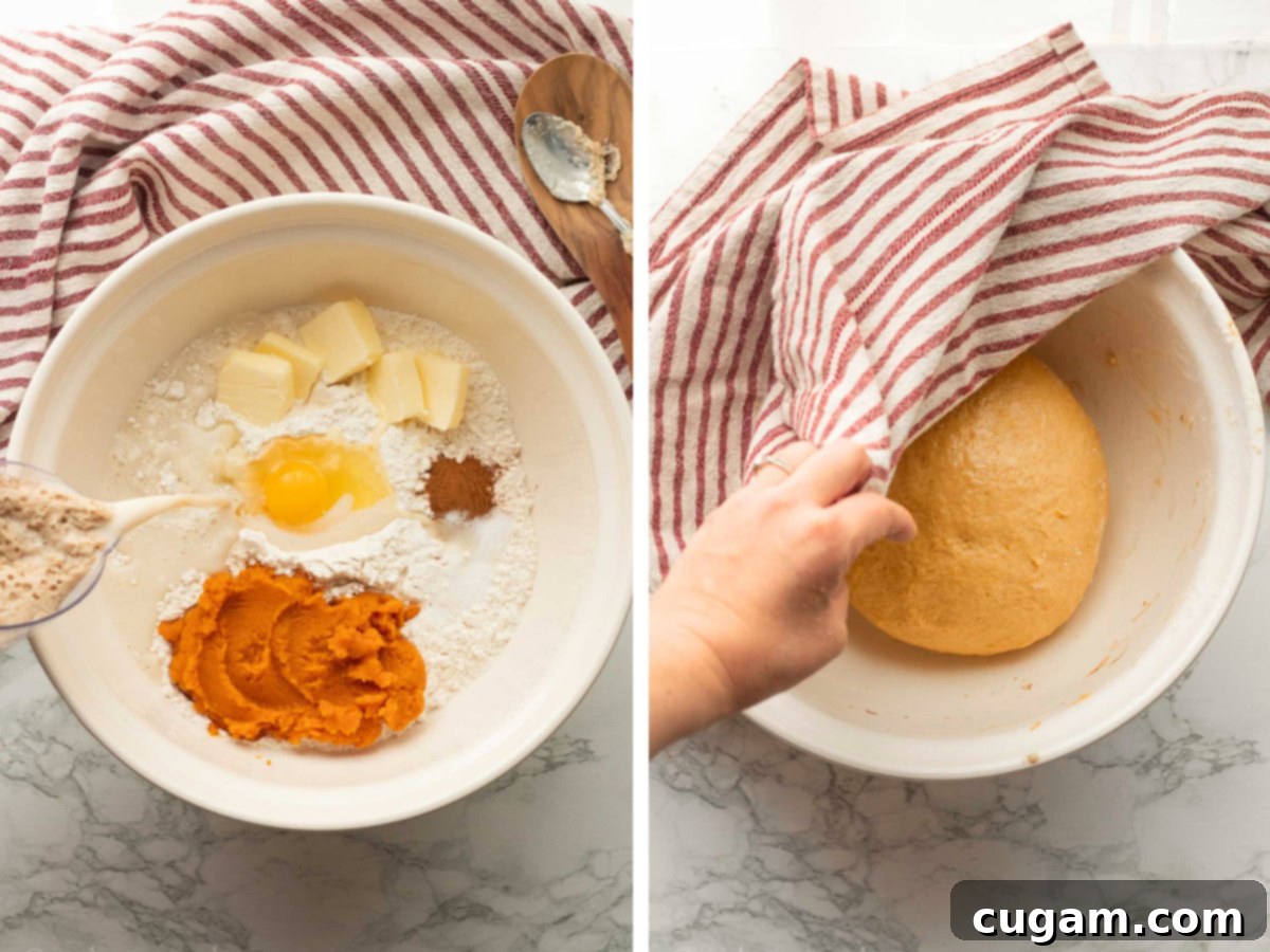 Pouring yeast mixture into white bowl and kneaded pumpkin dough in white bowl, after first rise.
