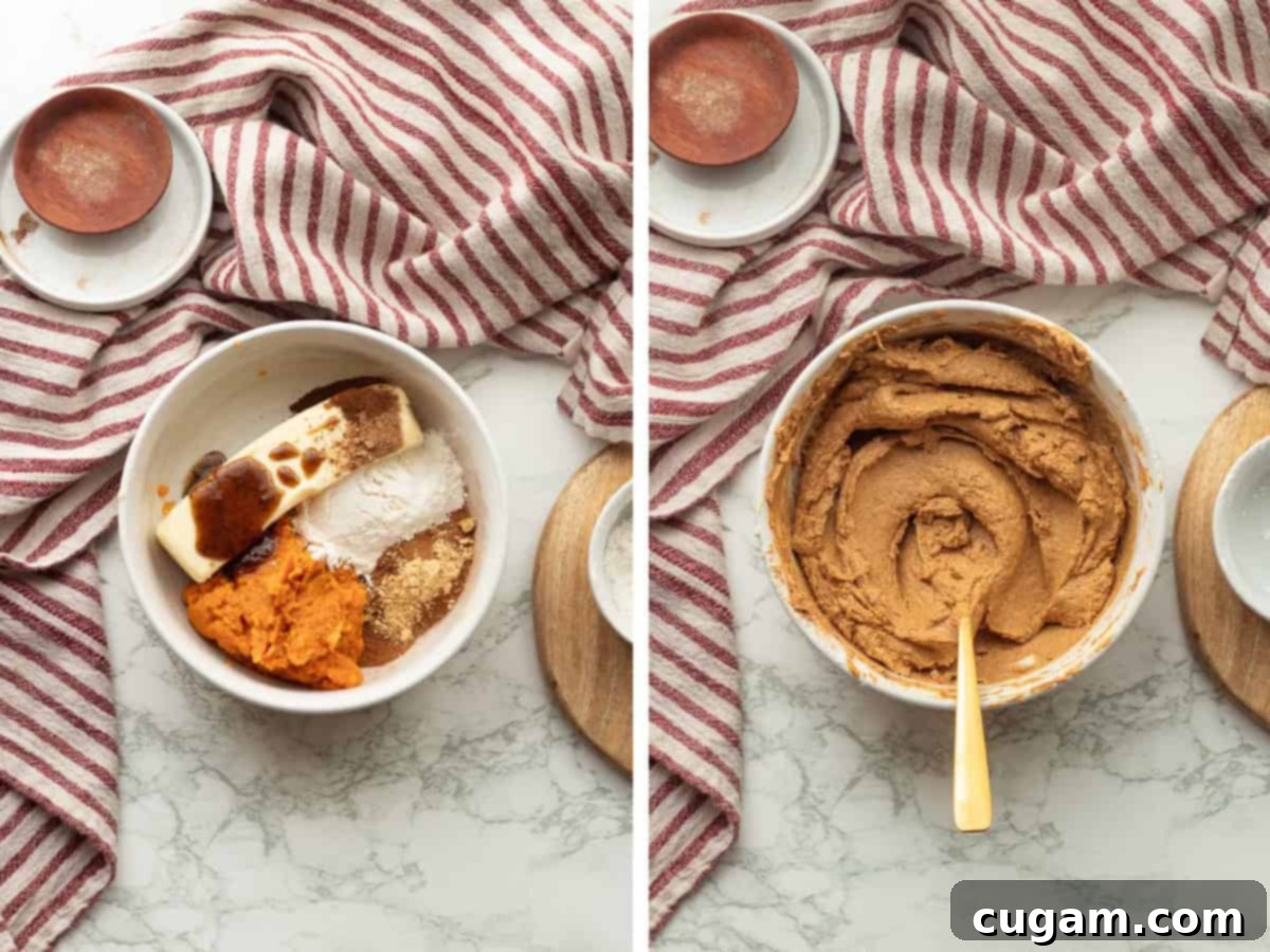 Pumpkin filling ingredients in white bowl and mixed filling with gold spoon, smooth and creamy.