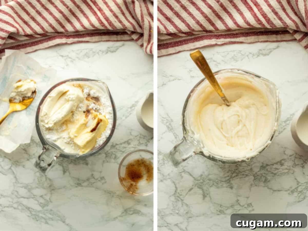 Cream cheese icing ingredients in bowl, and mixed in glass bowl, smooth and ready.