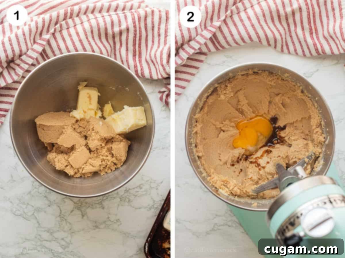Butter and sugar in mixing bowl, and eggs and vanilla in mixing bowl.