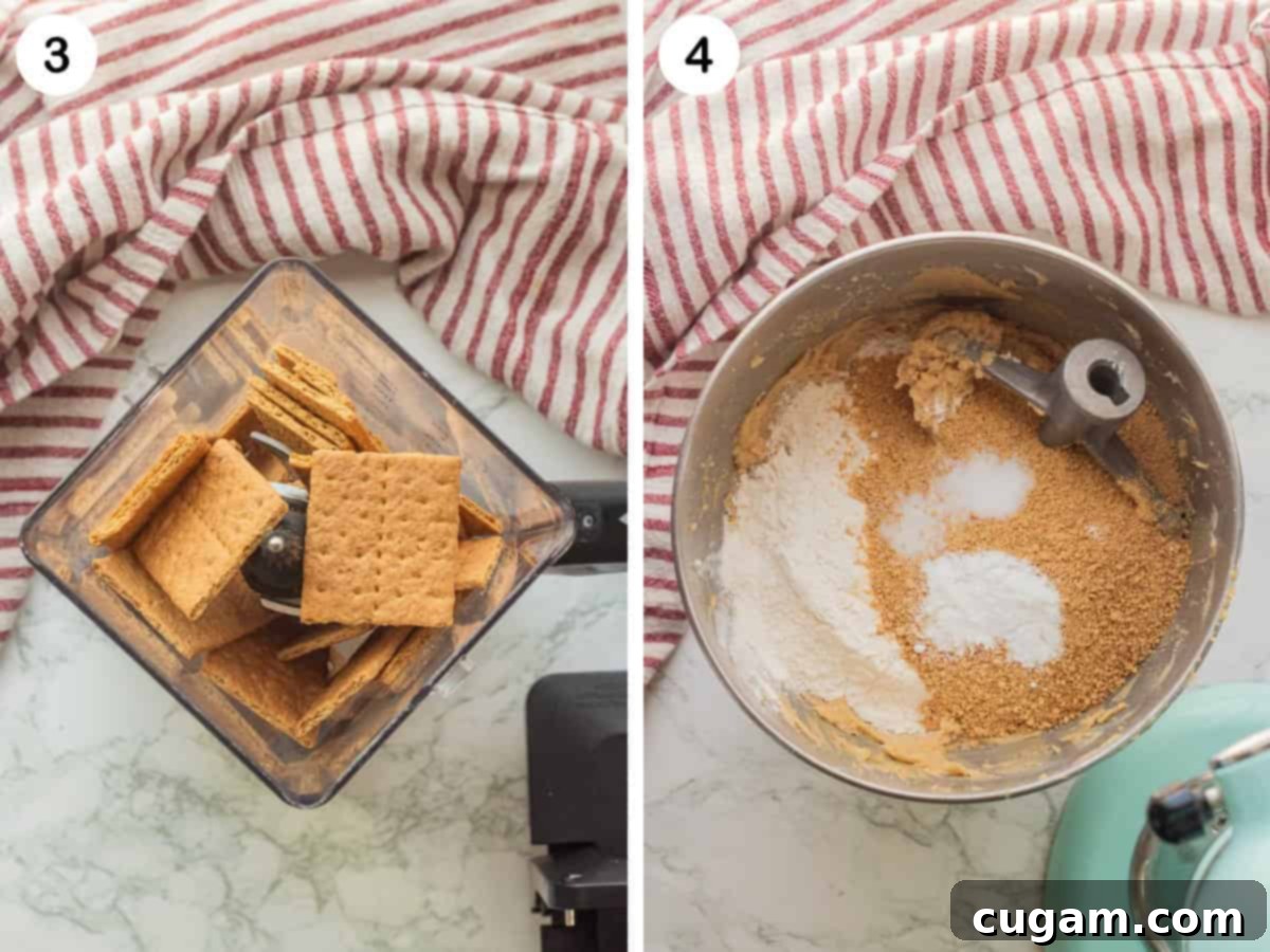 Graham crackers in blender, and flour and graham crackers in mixing bowl.