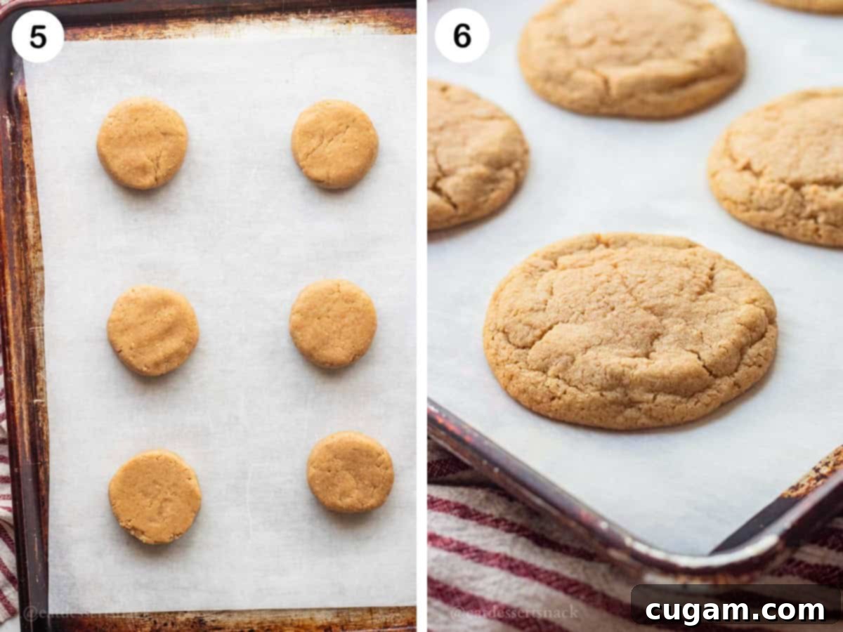 Raw graham cracker cookie dough and baked cookie on baking sheet.