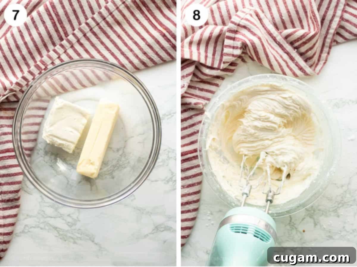 Cream cheese and butter in mixing bowl, and mixed frosting in bowl.