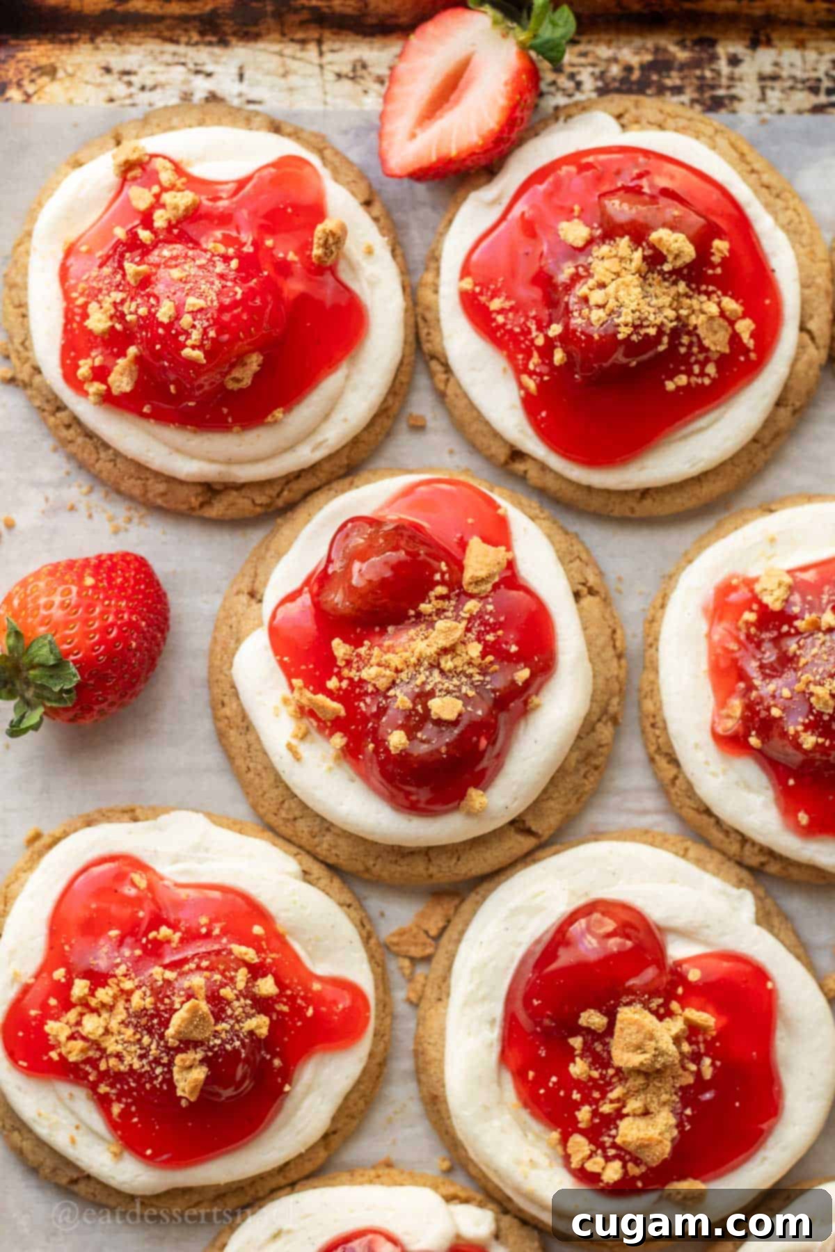 Strawberry cheesecake cookies on baking sheet with fresh strawberries.