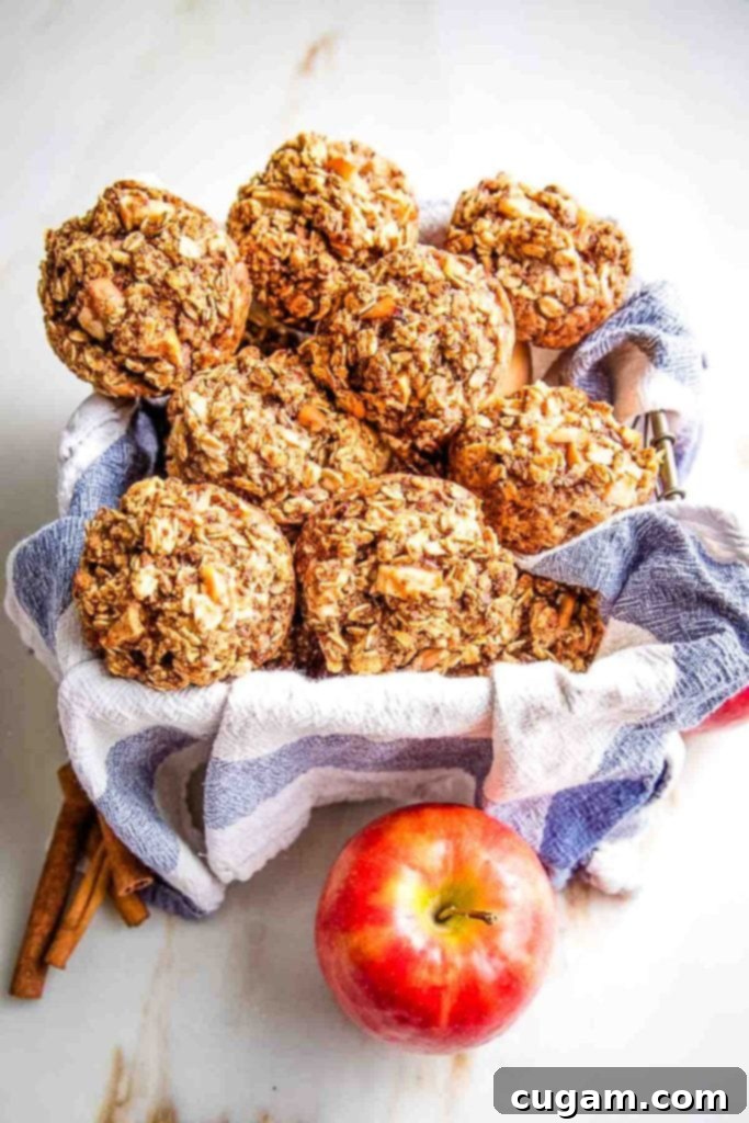Basket of oatmeal apple muffins plus an apple and a few cinnamon sticks, evoking a cozy fall atmosphere.